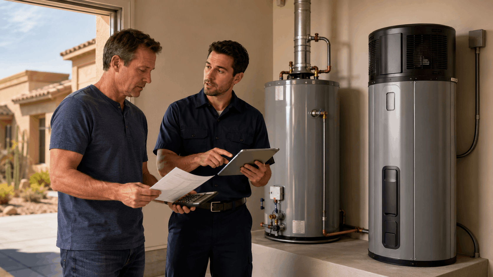 Plumber showing homeowner water heater options beside tank and heat pump units in Las Vegas garage