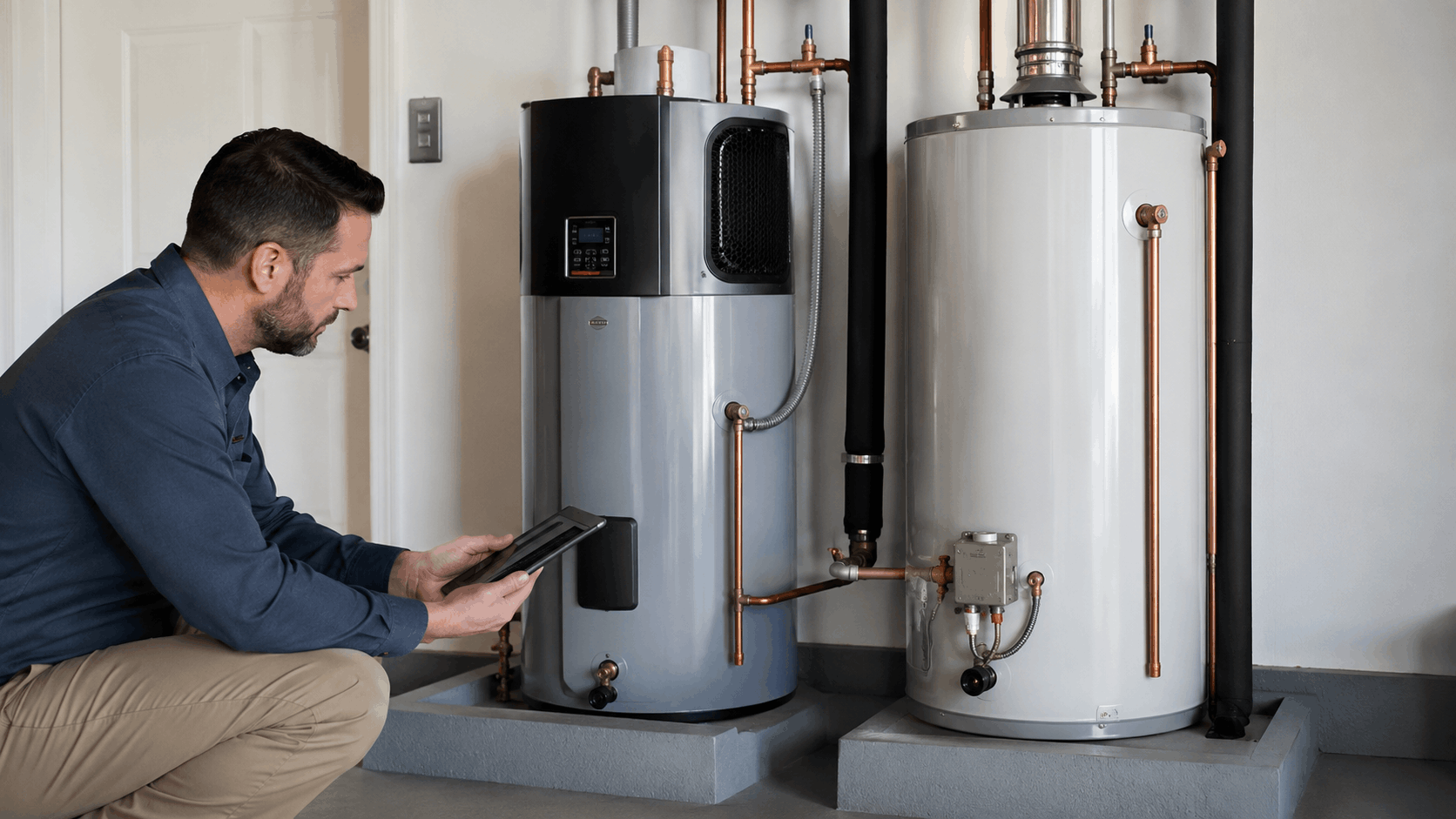 Las Vegas plumber inspecting two water heaters with tablet in utility room