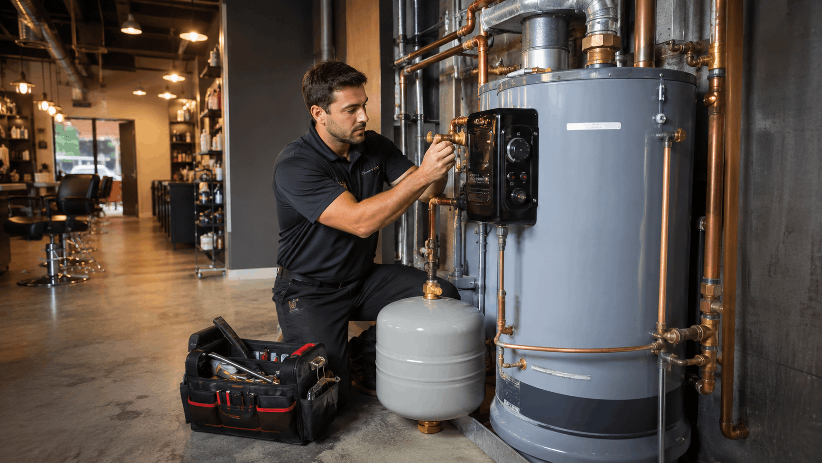 Plumber installing commercial water heater with copper pipes in Las Vegas hair salon