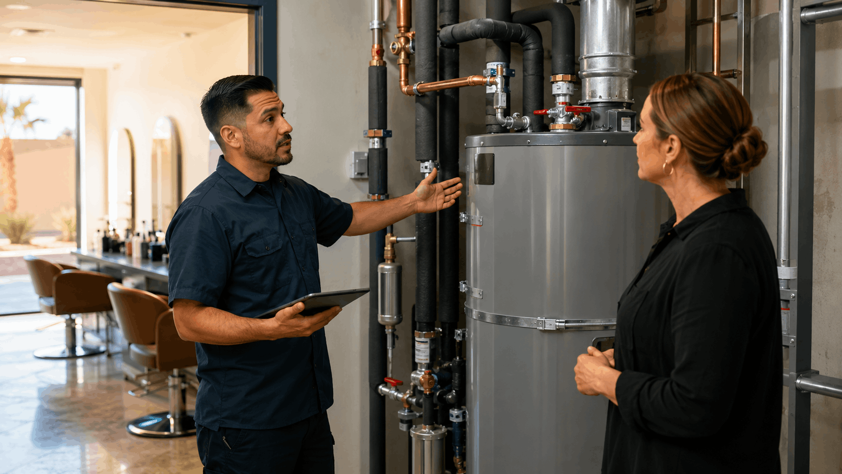 Plumber explaining water heater recovery rates to salon business owner in Las Vegas