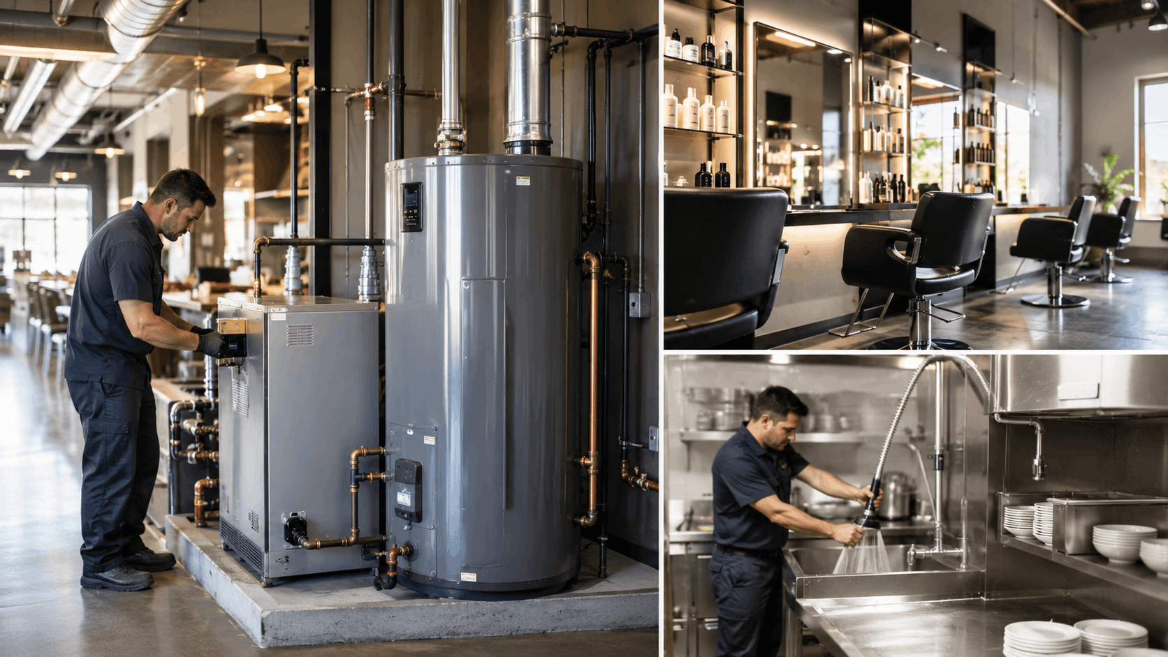 Active Plumbing technician installing commercial water heaters with copper pipes in Las Vegas business
