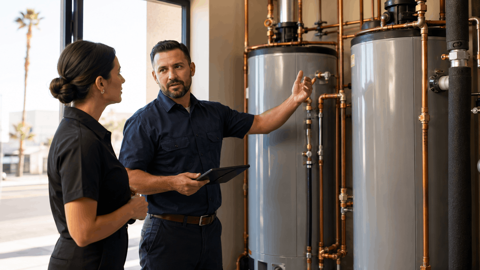 Las Vegas plumber explaining water heater system with copper pipes to female customer