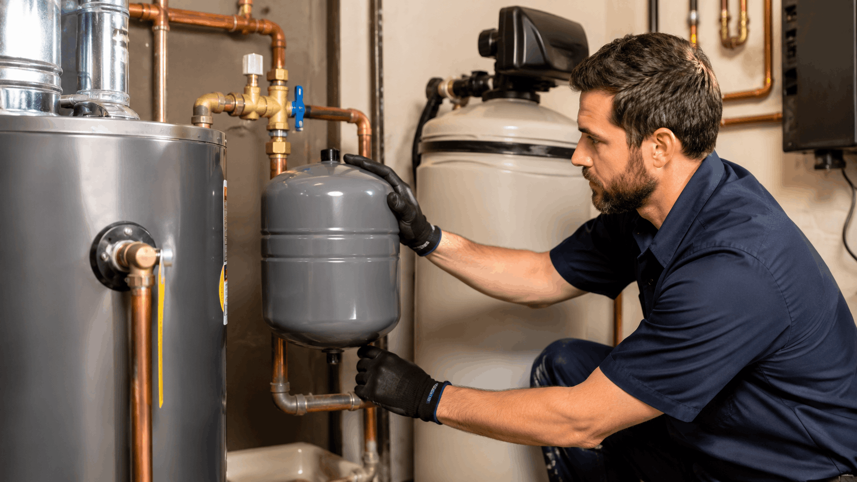 Plumber inspecting expansion tank on water heater in Las Vegas closed plumbing system