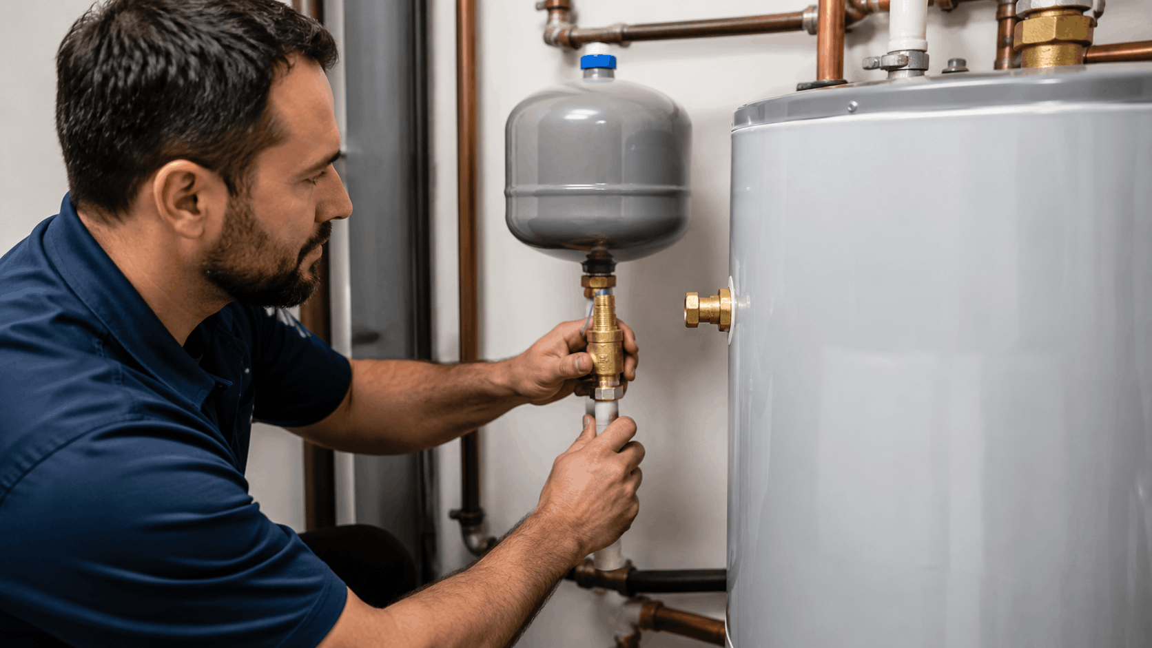 Plumber installing expansion tank and T&P valve on water heater in Las Vegas home