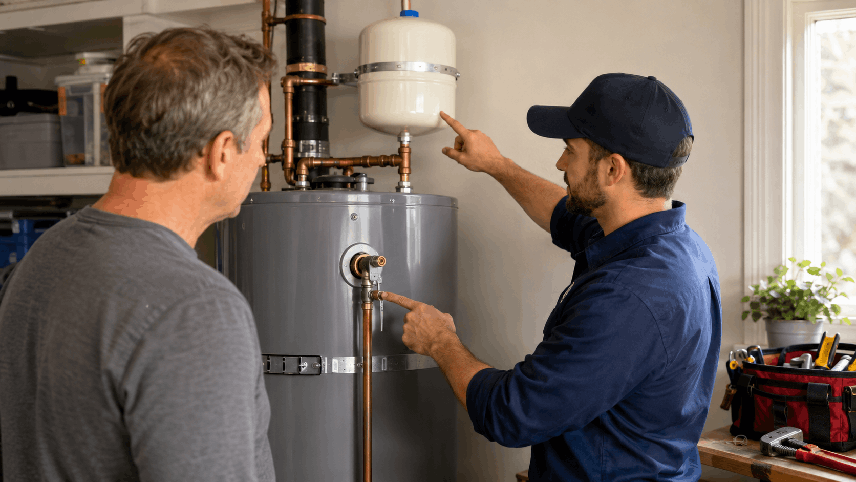 Plumber explaining expansion tank and water heater components to homeowner in Las Vegas
