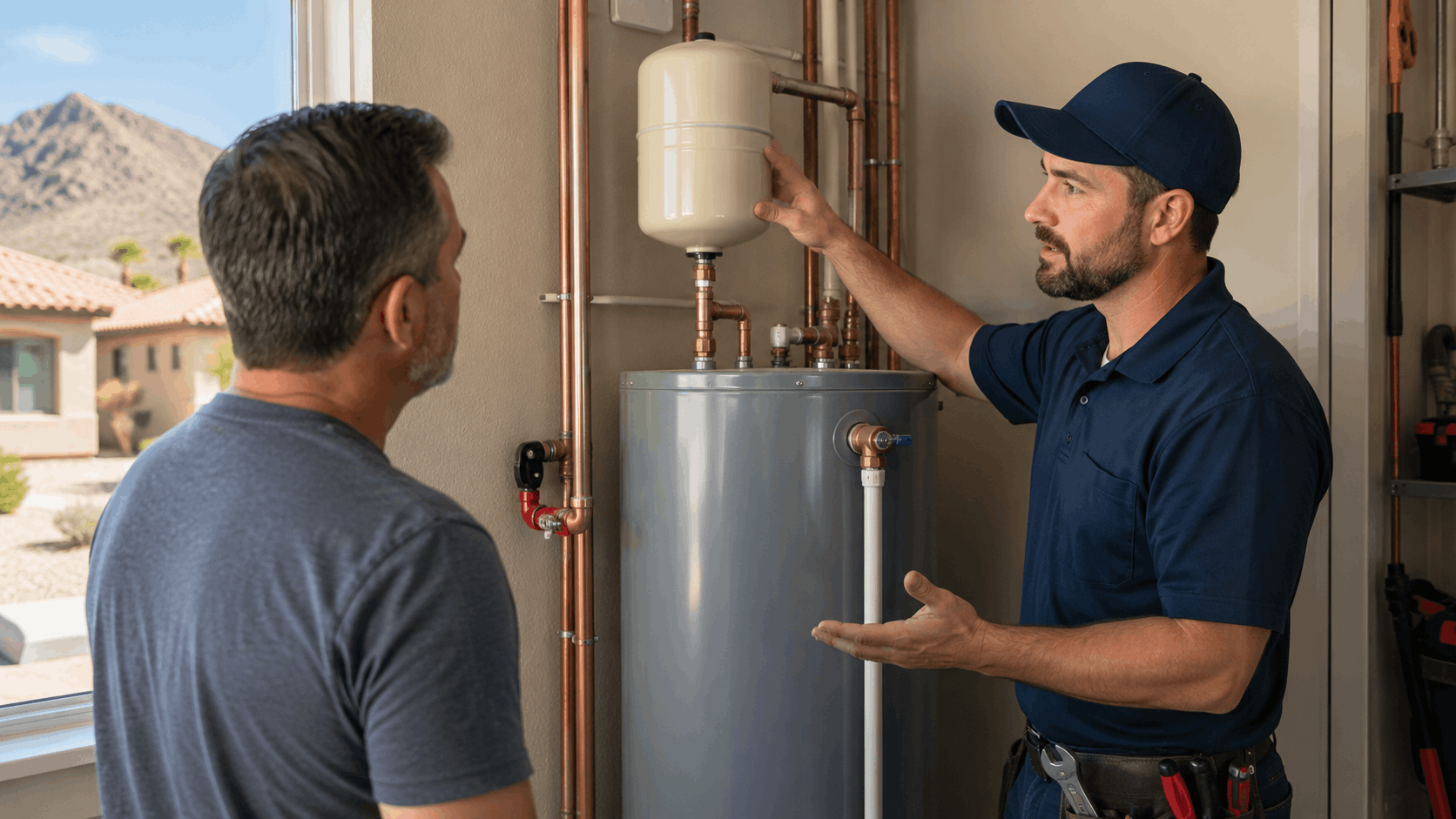 Plumber explaining expansion tank and water heater system to Las Vegas homeowner