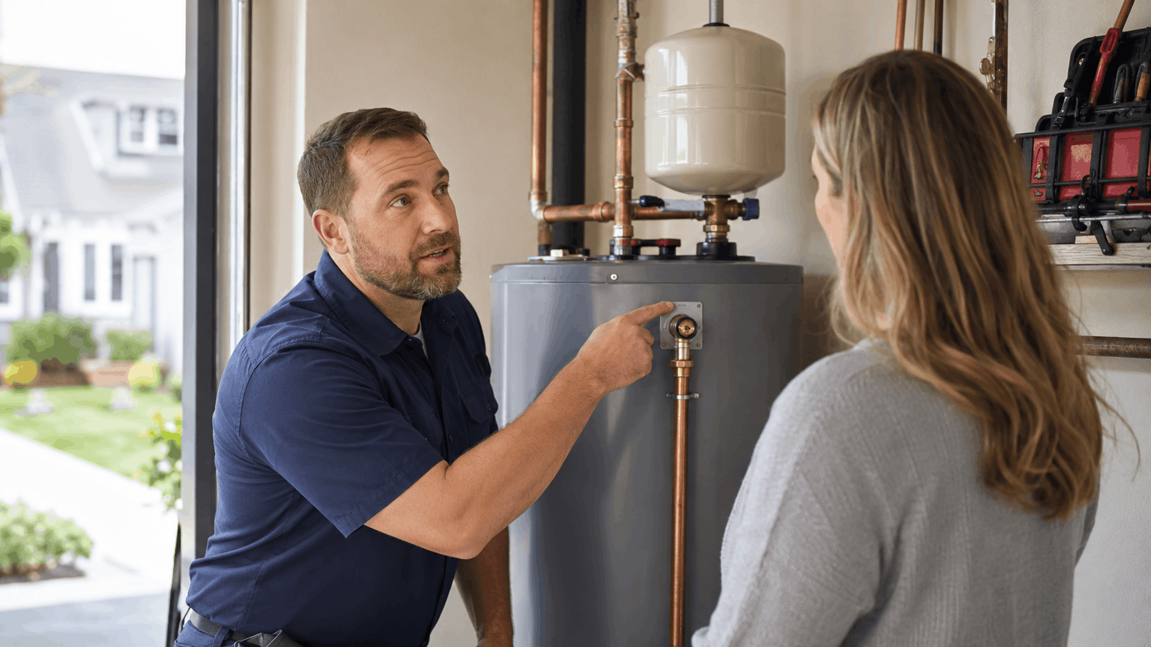 Plumber explaining water heater components to Las Vegas homeowner in utility room