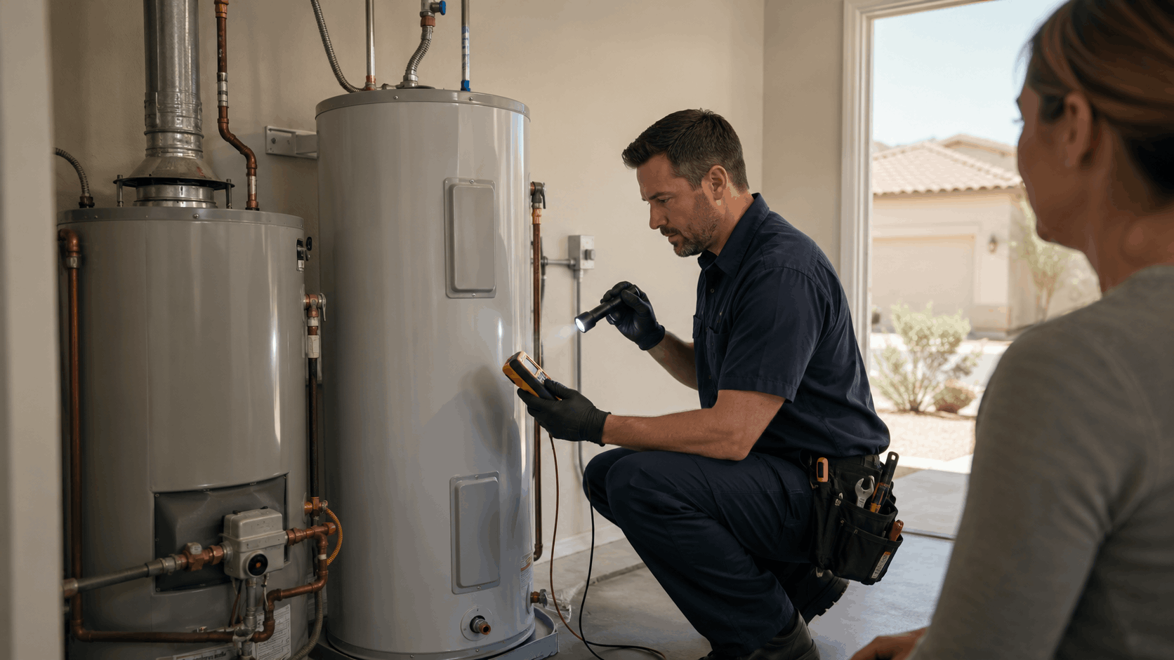 Plumber inspecting electric water heater with flashlight and multimeter in Las Vegas home