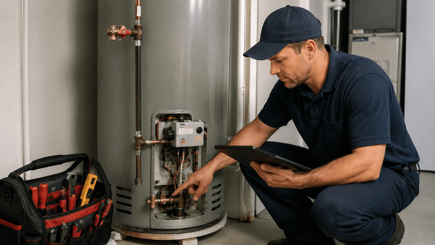 Plumber inspecting gas water heater controls with tablet and tools in Las Vegas home