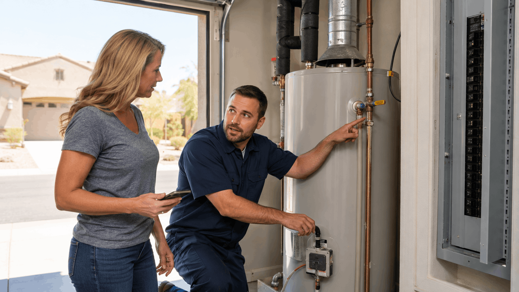 Plumber explaining water heater problems to Las Vegas homeowner in garage utility area