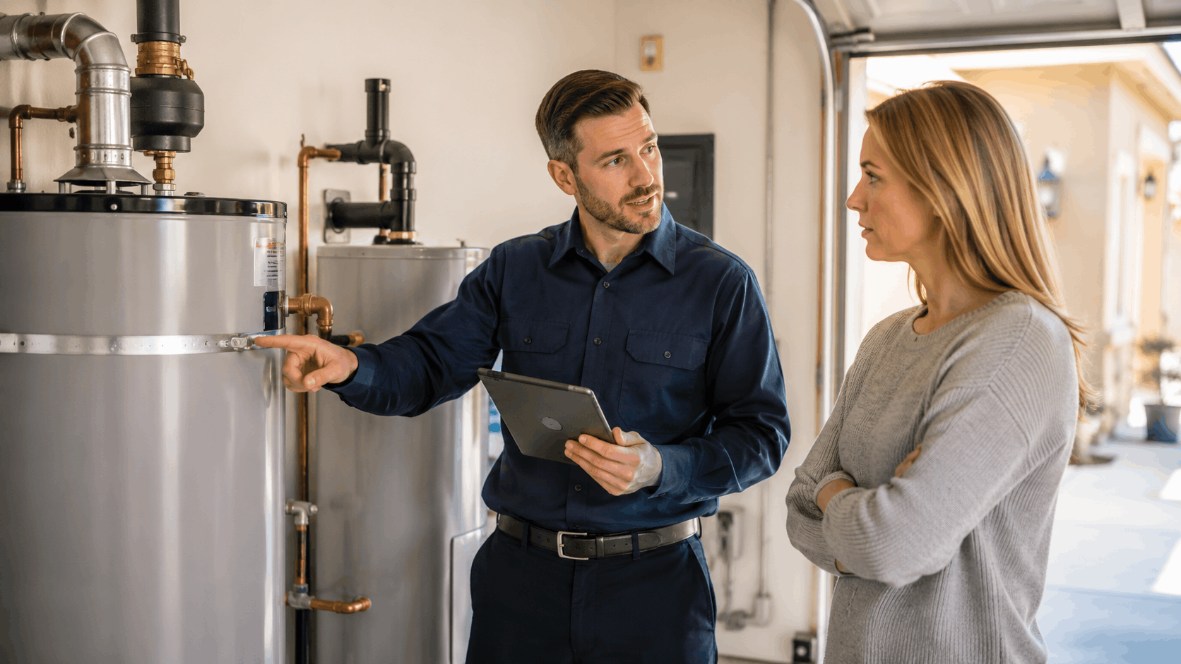 Plumber showing homeowner water heater issue during repair or replacement consultation