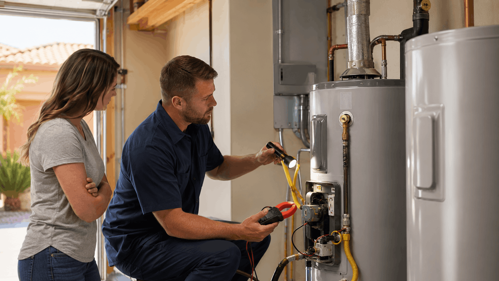 Licensed plumber inspecting water heater with multimeter and flashlight in Las Vegas garage
