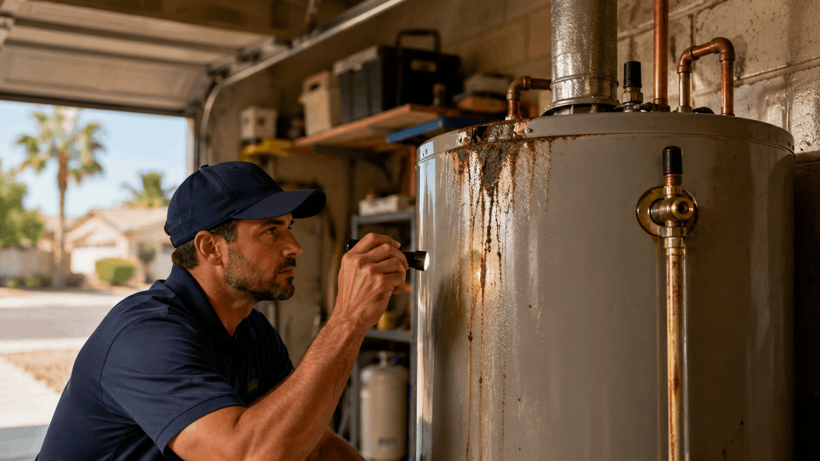 Plumber inspecting rusty corroded water heater with flashlight in Las Vegas garage