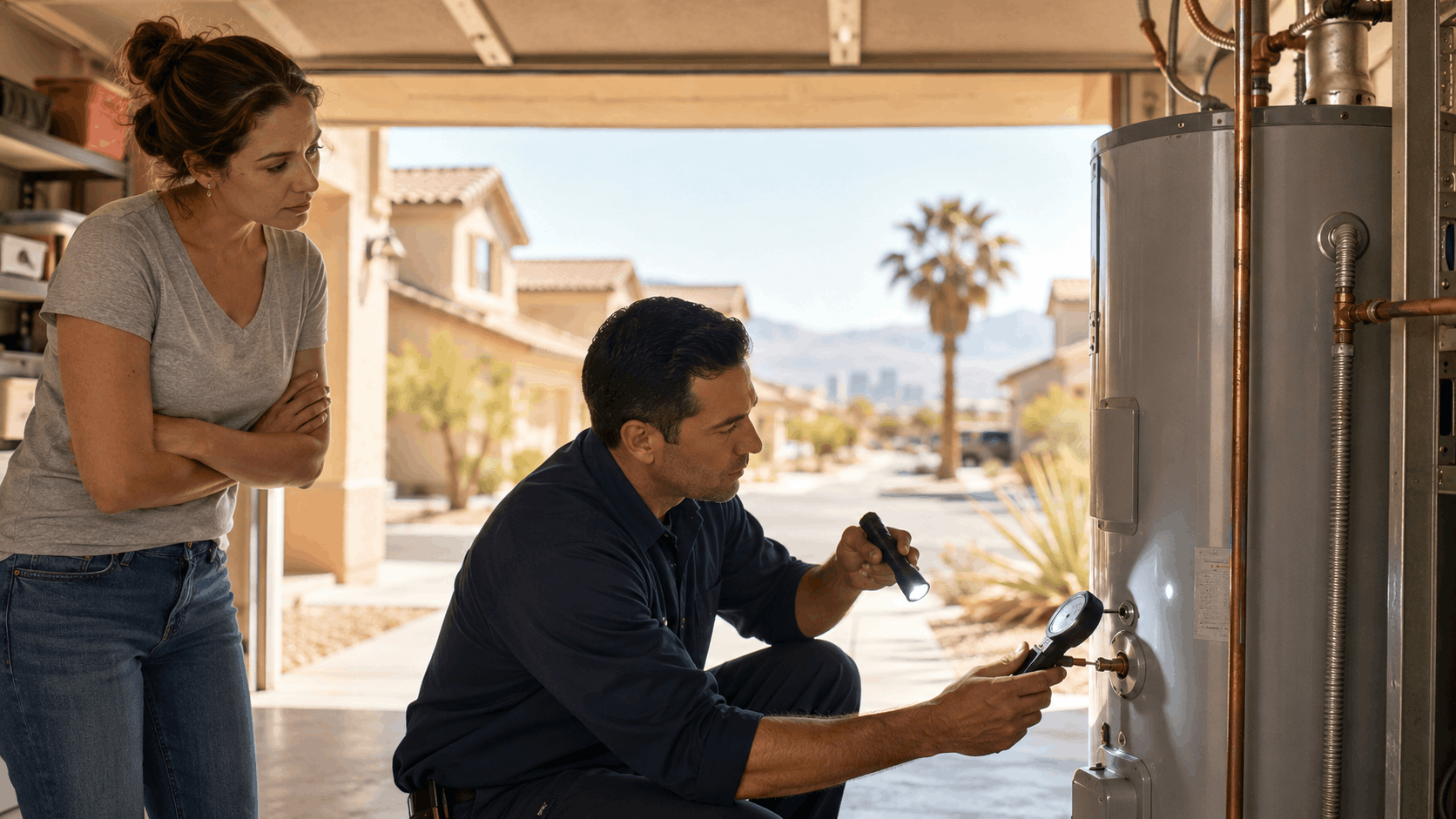 Plumber inspecting water heater with flashlight and gauge in Las Vegas garage