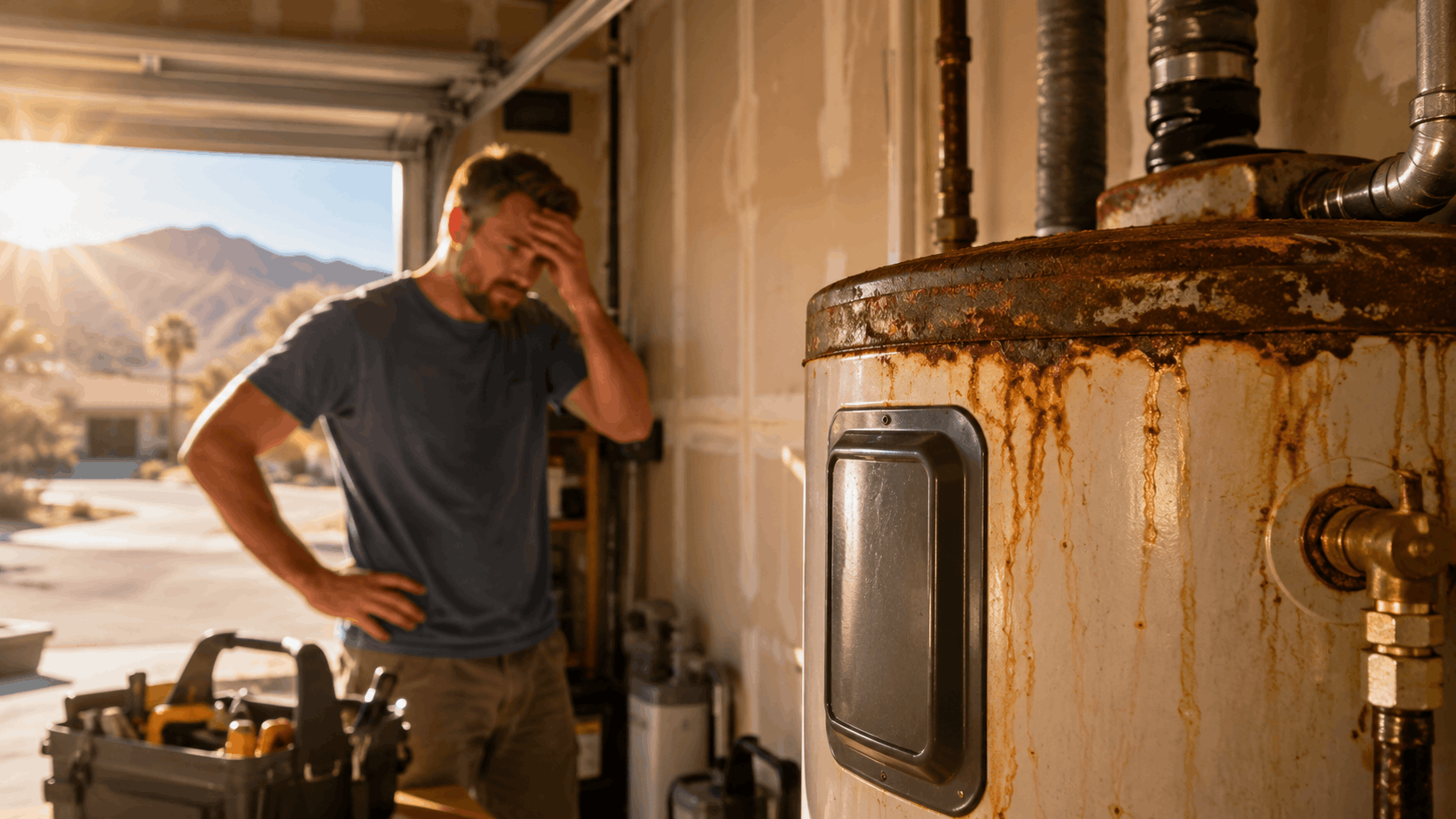 Frustrated homeowner examining severely rusted water heater in Las Vegas garage
