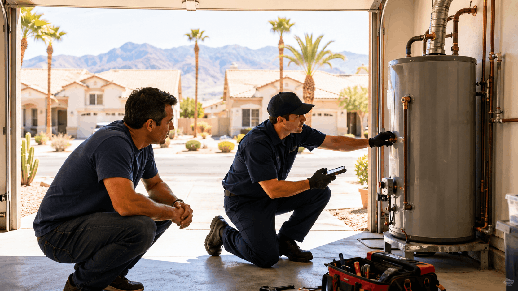 Plumber inspecting water heater with Las Vegas homeowner in sunny desert garage