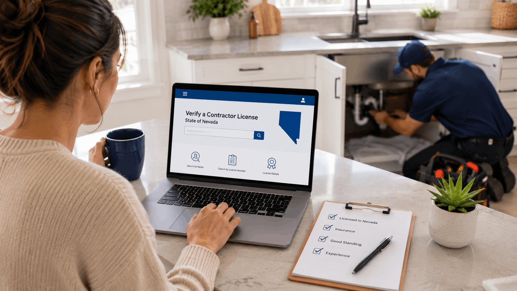 Homeowner verifying Nevada plumber contractor license online while plumber repairs kitchen sink