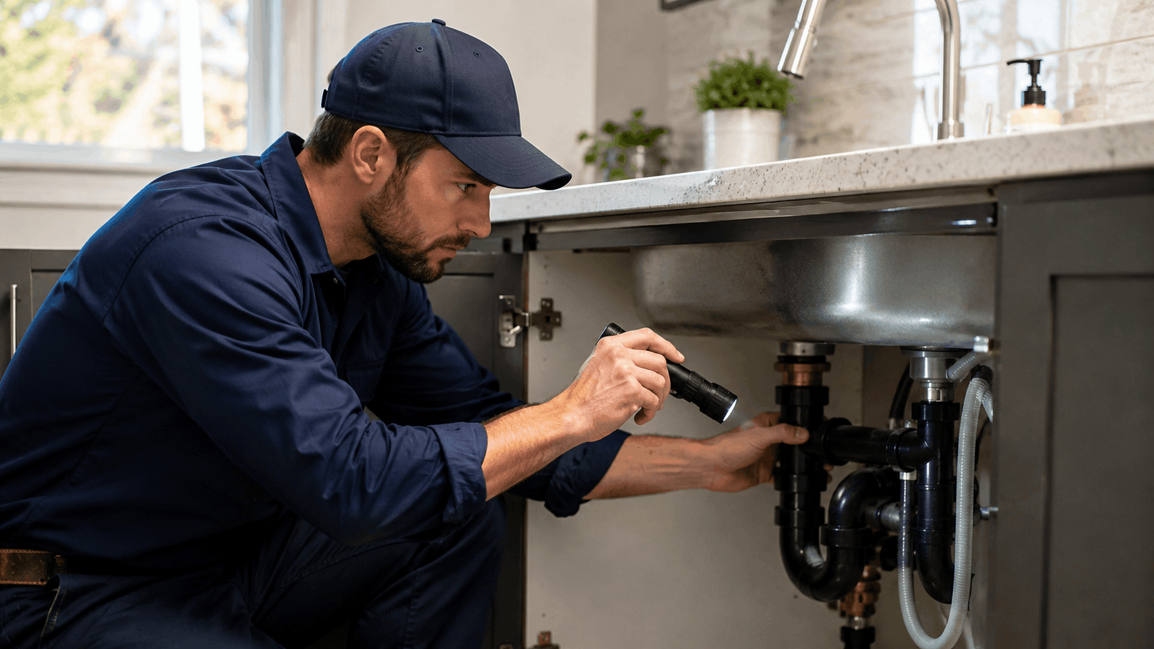 Licensed Nevada plumber inspecting under kitchen sink plumbing with flashlight in Las Vegas home