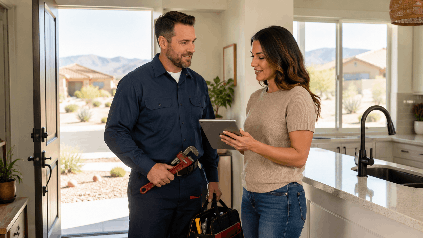 Licensed plumber holding pipe wrench consulting with Las Vegas homeowner using tablet