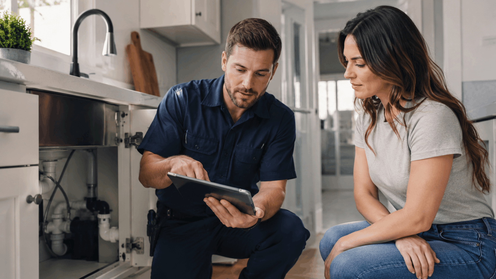 Las Vegas plumber showing tablet estimate to homeowner near open kitchen sink cabinet