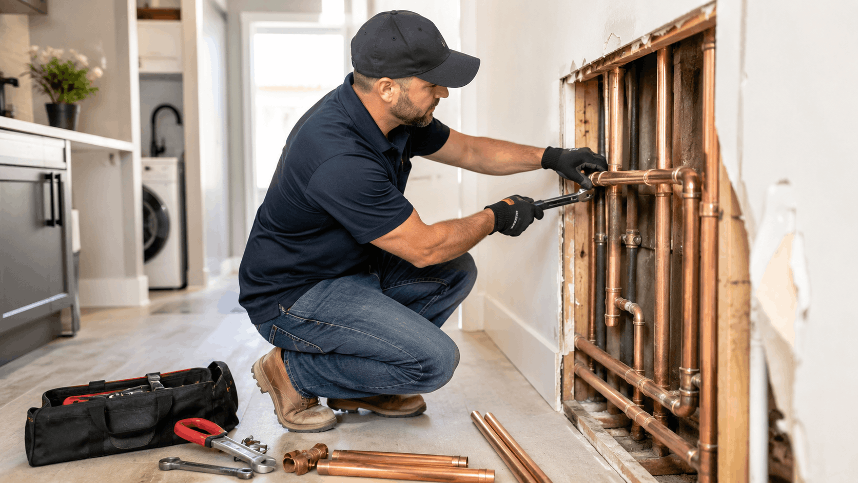 Licensed plumber repairing copper pipes inside open wall cavity in Las Vegas home