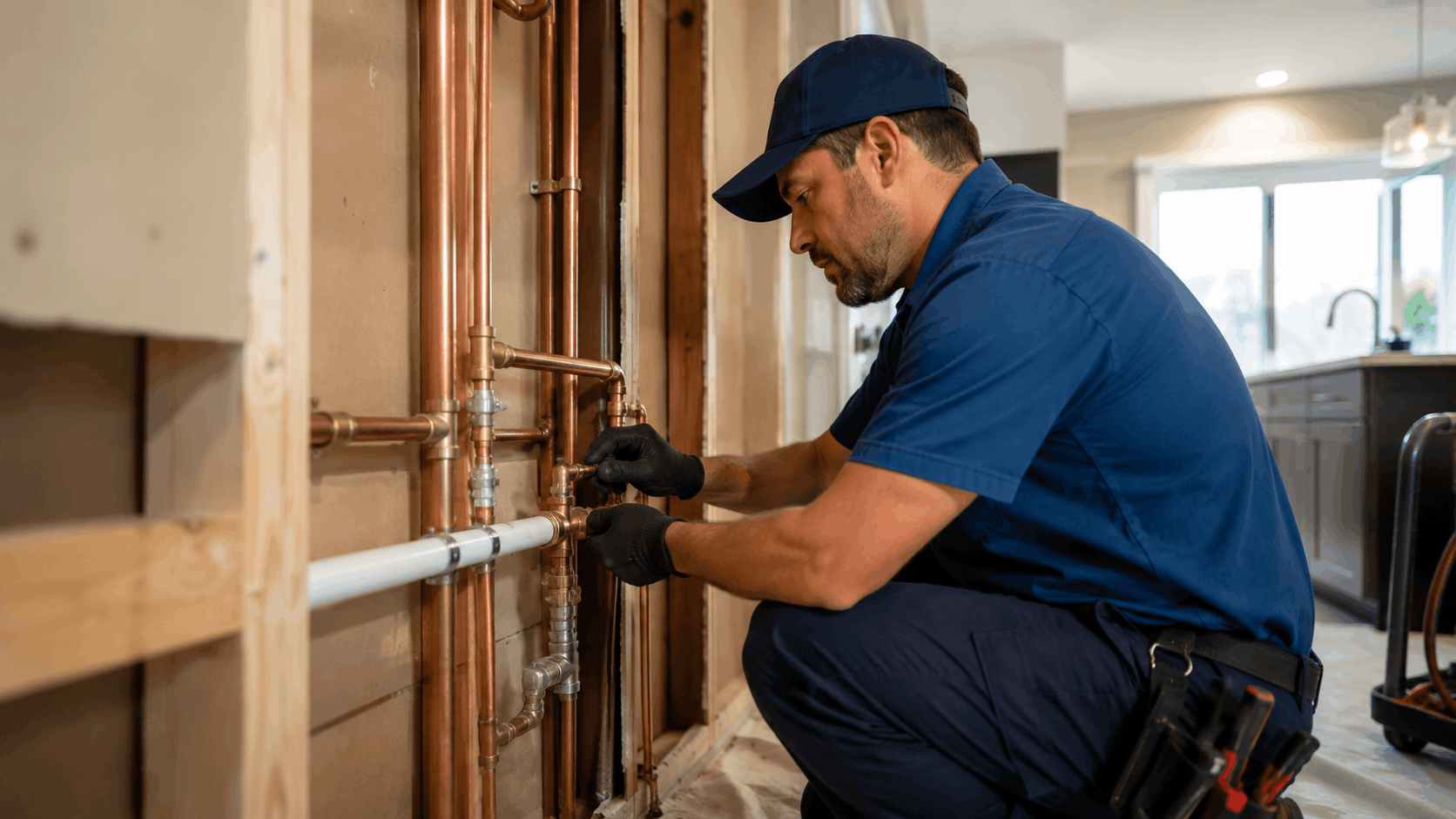 Active Plumbing Las Vegas technician installing copper pipes in exposed wall