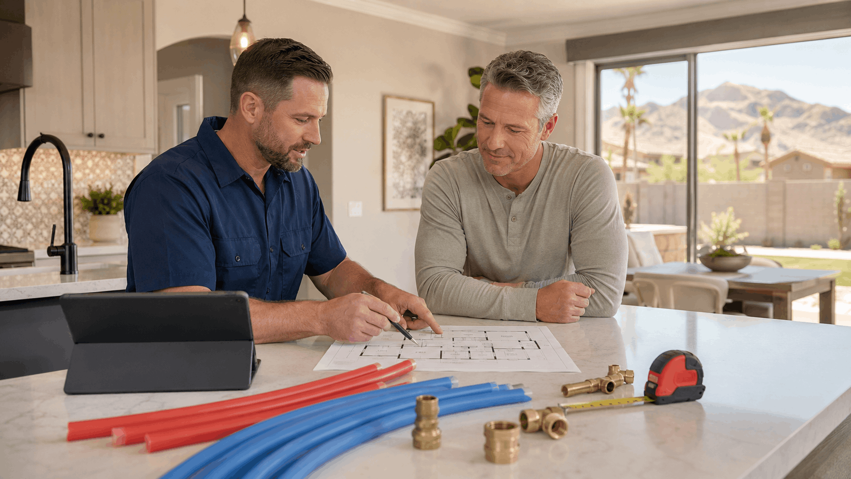 Plumber and homeowner reviewing blueprint with PEX pipes and brass fittings in Las Vegas home