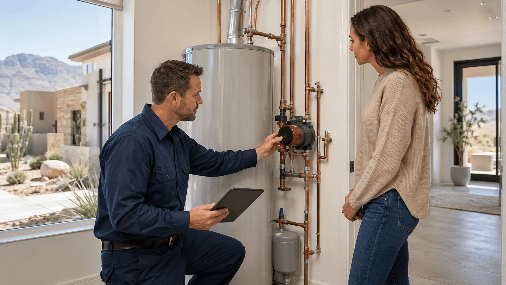 Plumber inspecting water heater circulation pump in modern Las Vegas desert home