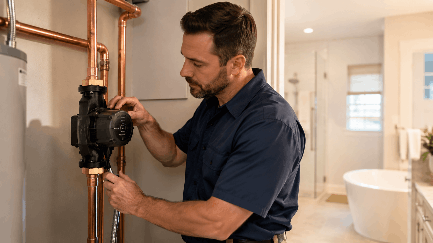 Plumber installing a hot water recirculation pump on copper pipes near water heater