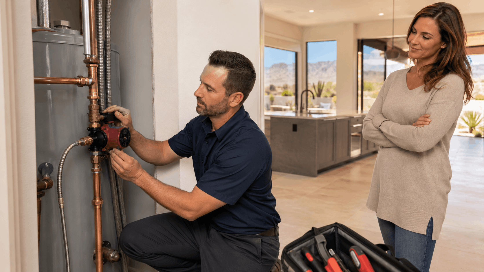 Plumber installing recirculation pump on water heater while homeowner watches in Las Vegas home