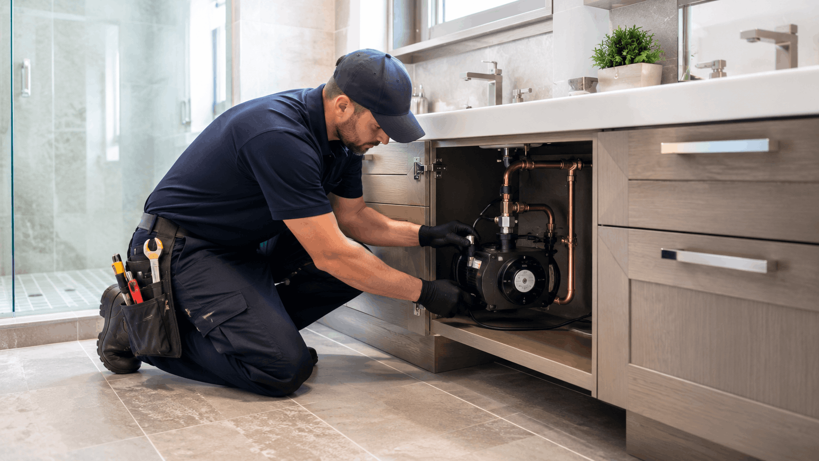 Active Plumbing Las Vegas technician installing pump system under bathroom vanity cabinet