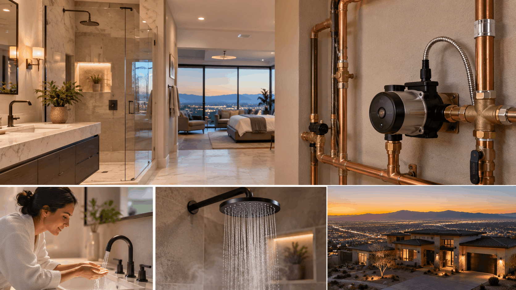Las Vegas luxury home plumbing system with copper pipes pump marble bathroom shower