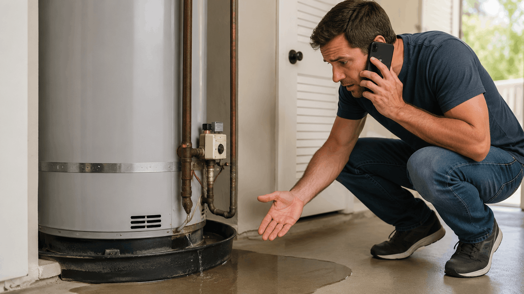 Homeowner crouching beside leaking water heater calling emergency plumber for help