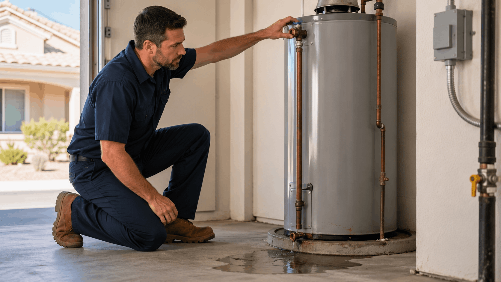 Plumber inspecting leaking water heater tank with copper pipes in Las Vegas garage