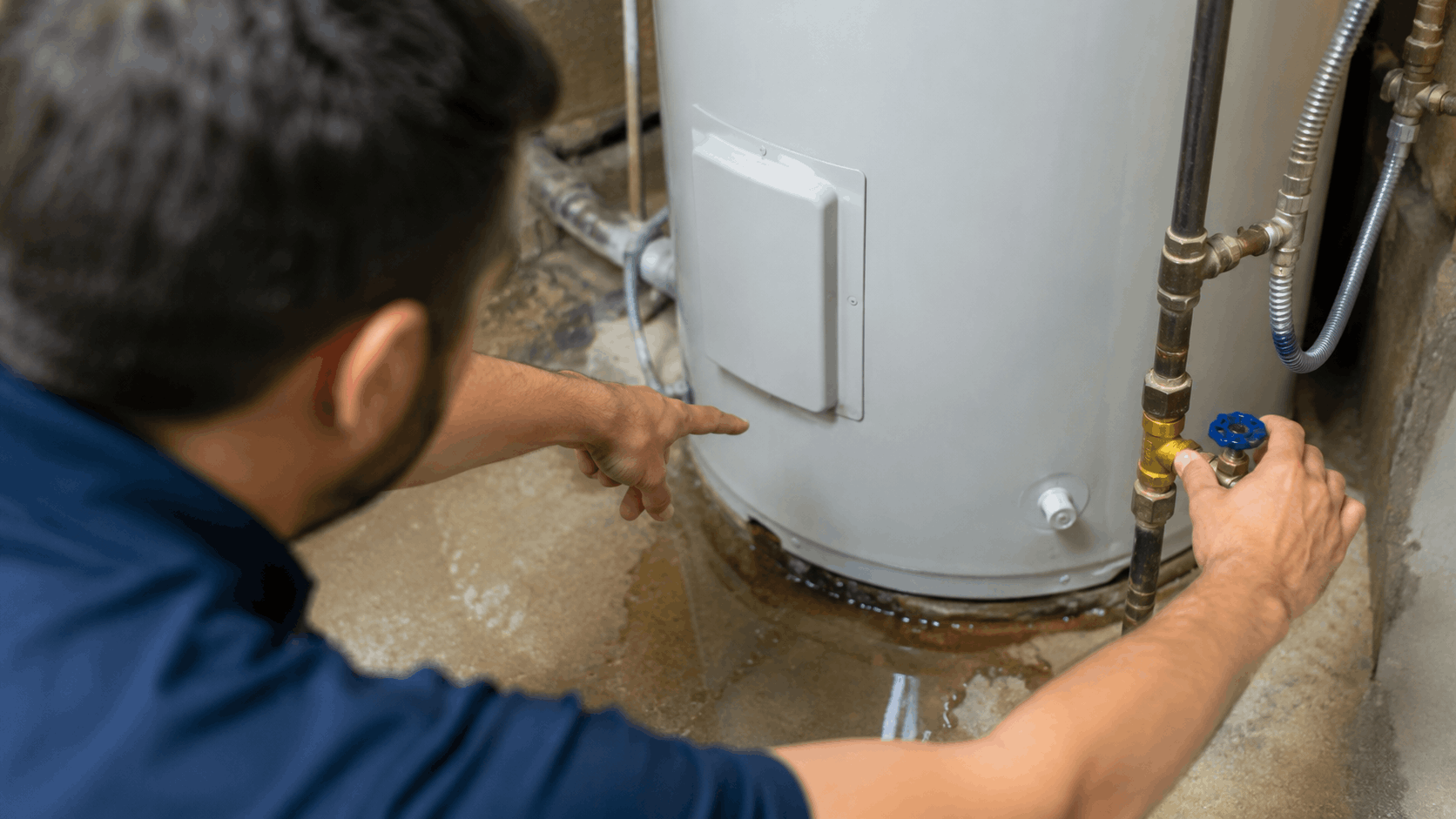 Plumber inspecting leaking water heater tank and valve connections in Las Vegas home