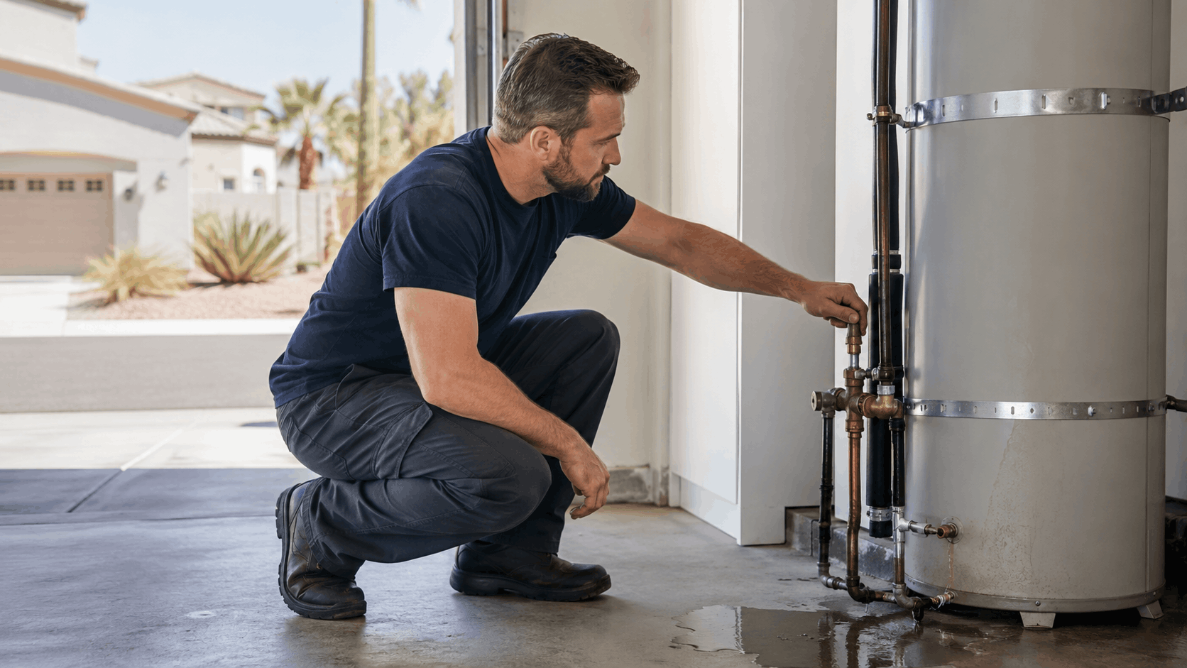 Active Plumbing technician inspecting leaking water heater pipes in Las Vegas garage