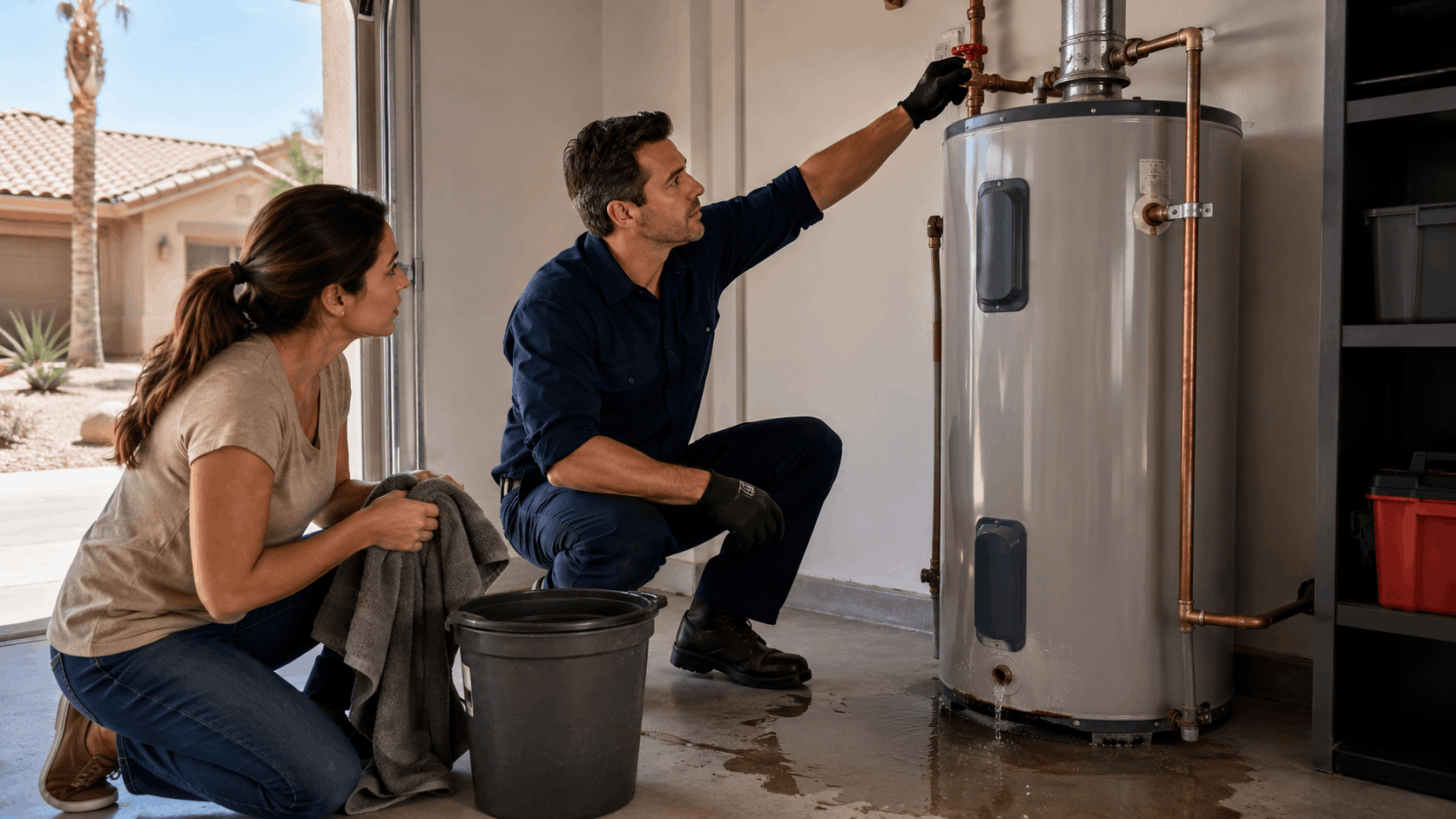 Plumber inspecting leaking water heater with Las Vegas homeowner in garage
