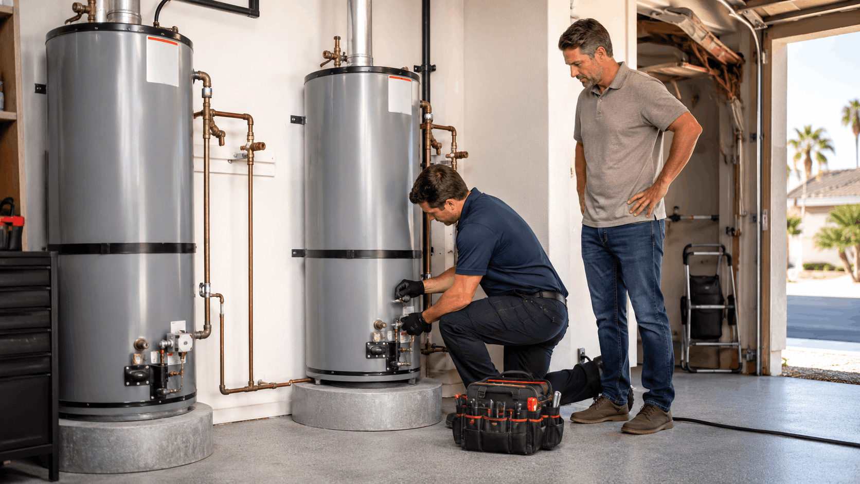 Plumber servicing dual water heaters in Las Vegas garage while homeowner watches