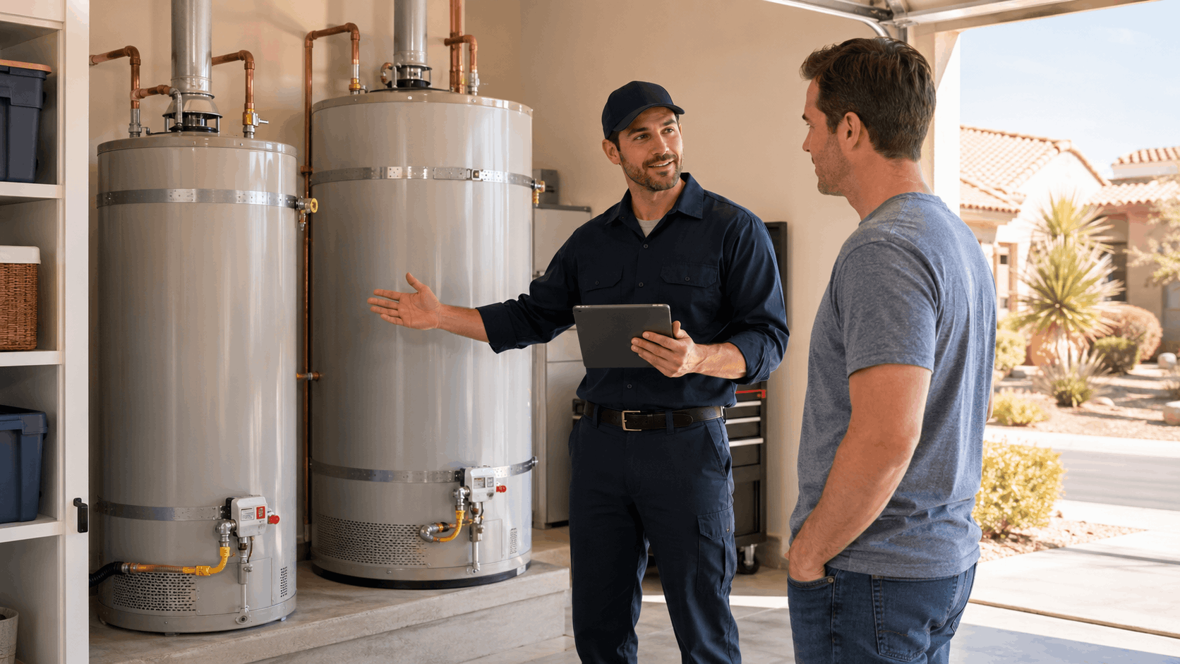 Plumber explaining dual water heater tank installation to Las Vegas homeowner in garage