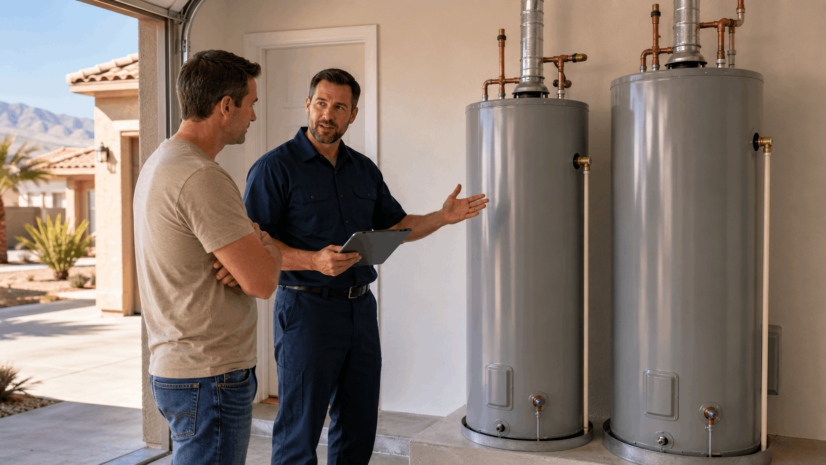 Plumber explaining dual water heater installation to Las Vegas homeowner in garage