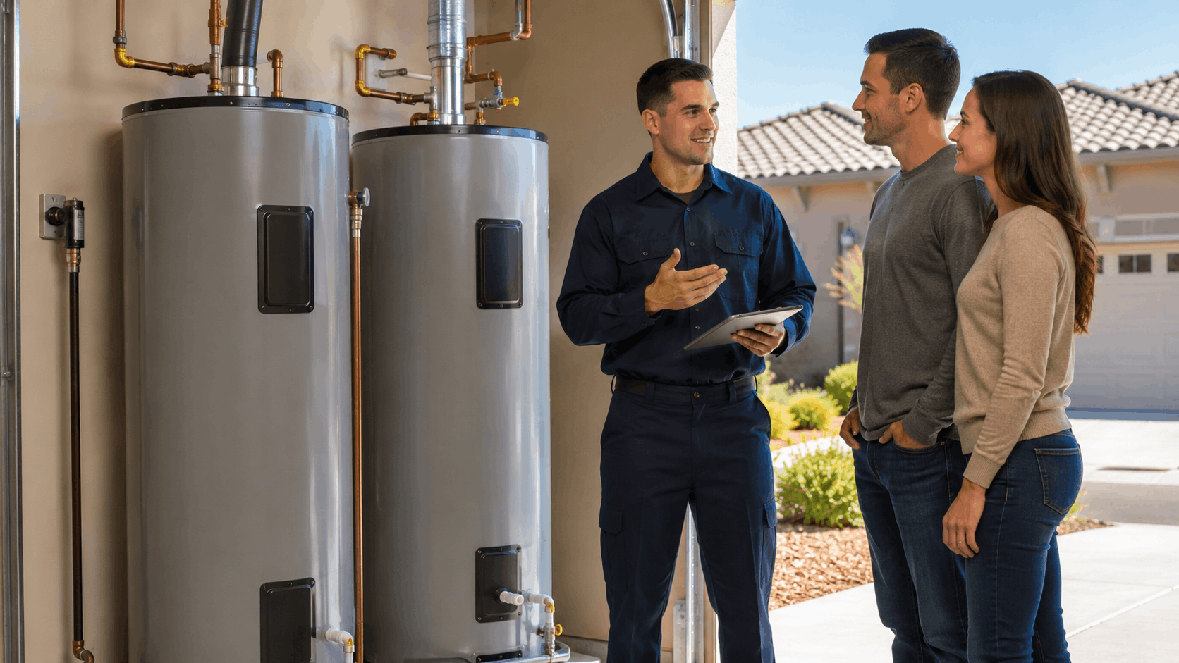 Active Plumbing technician explaining dual water heater tank installation to Las Vegas homeowners