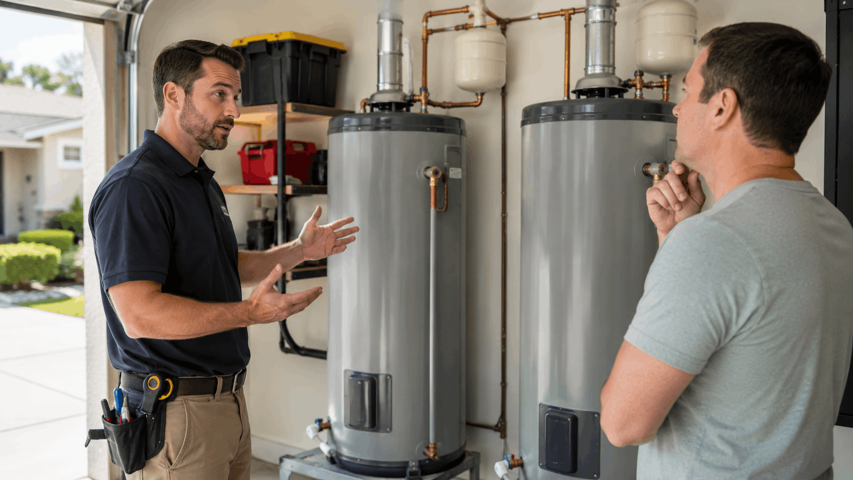 Plumber explaining dual water heater installation to homeowner in Las Vegas garage