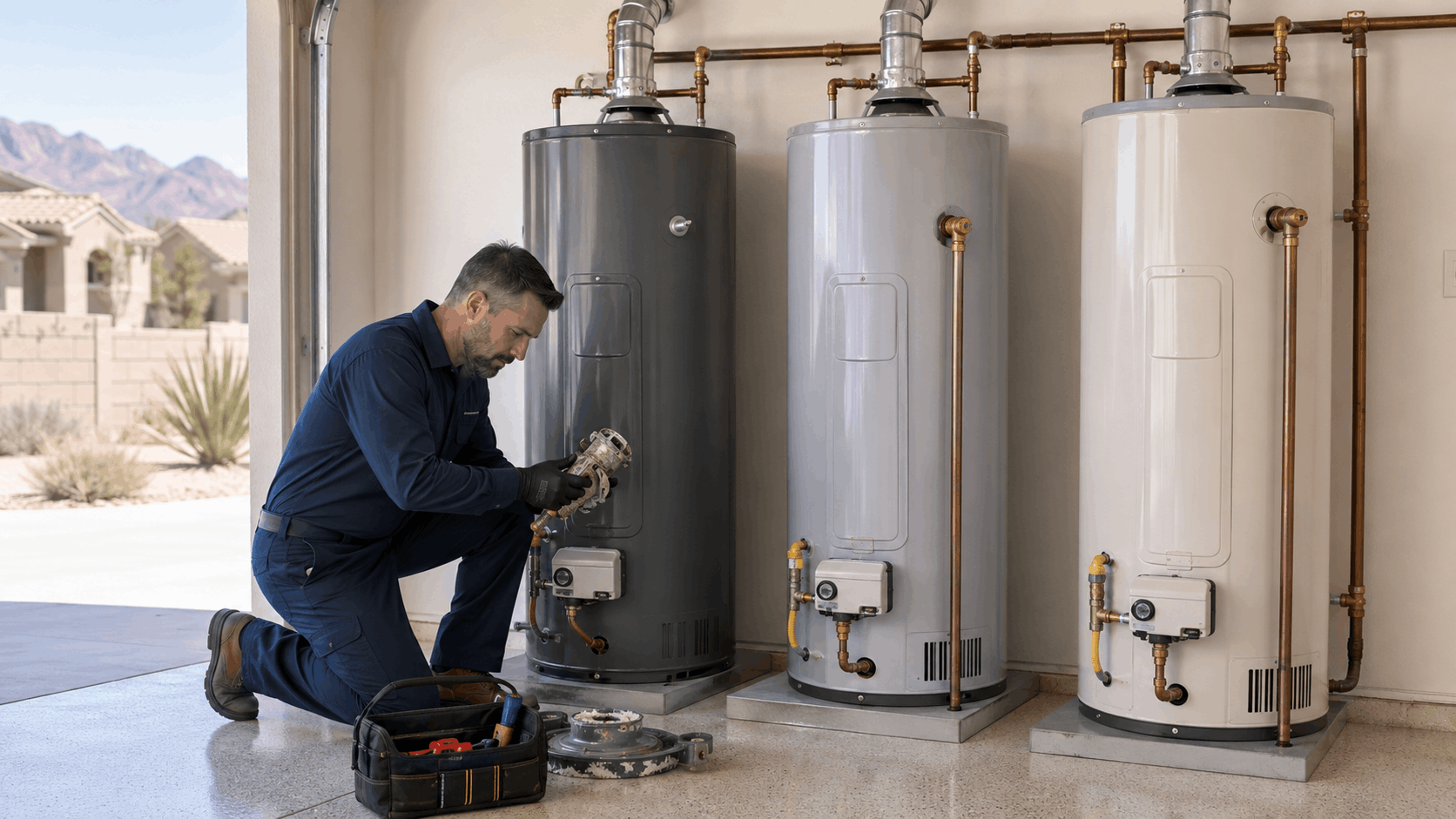 Plumber servicing gas water heater in Las Vegas garage with three units