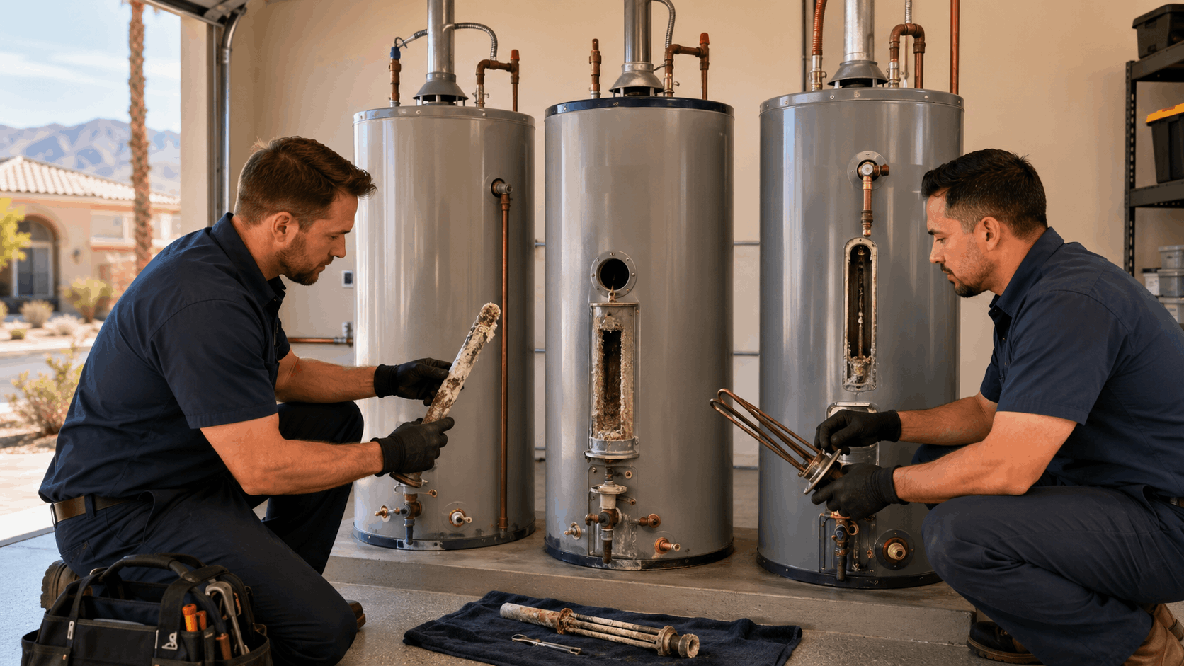 Two plumbers inspecting corroded heating elements removed from Bradford White water heaters Las Vegas