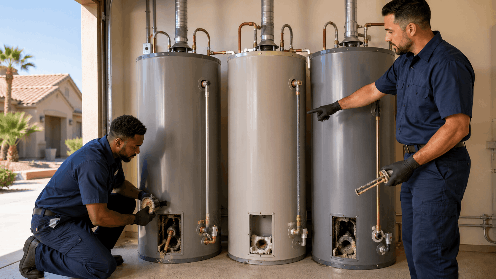 Two plumbers in navy uniforms inspecting three water heaters in Las Vegas garage