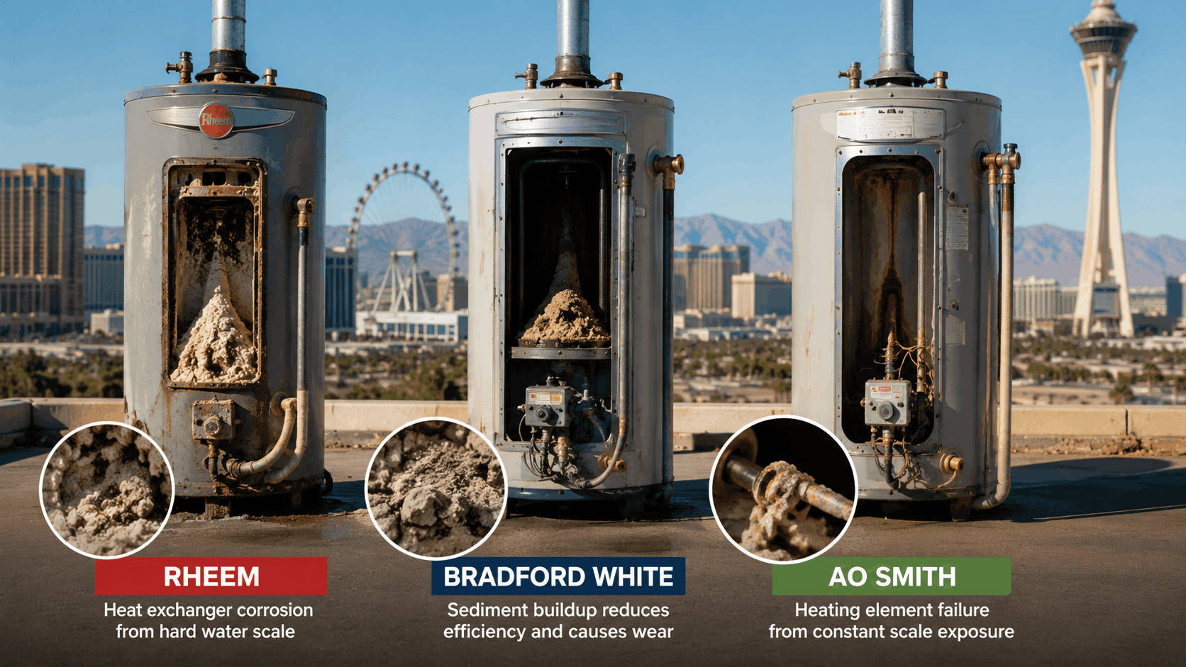 Three damaged Las Vegas water heaters showing Rheem Bradford White and AO Smith scale buildup