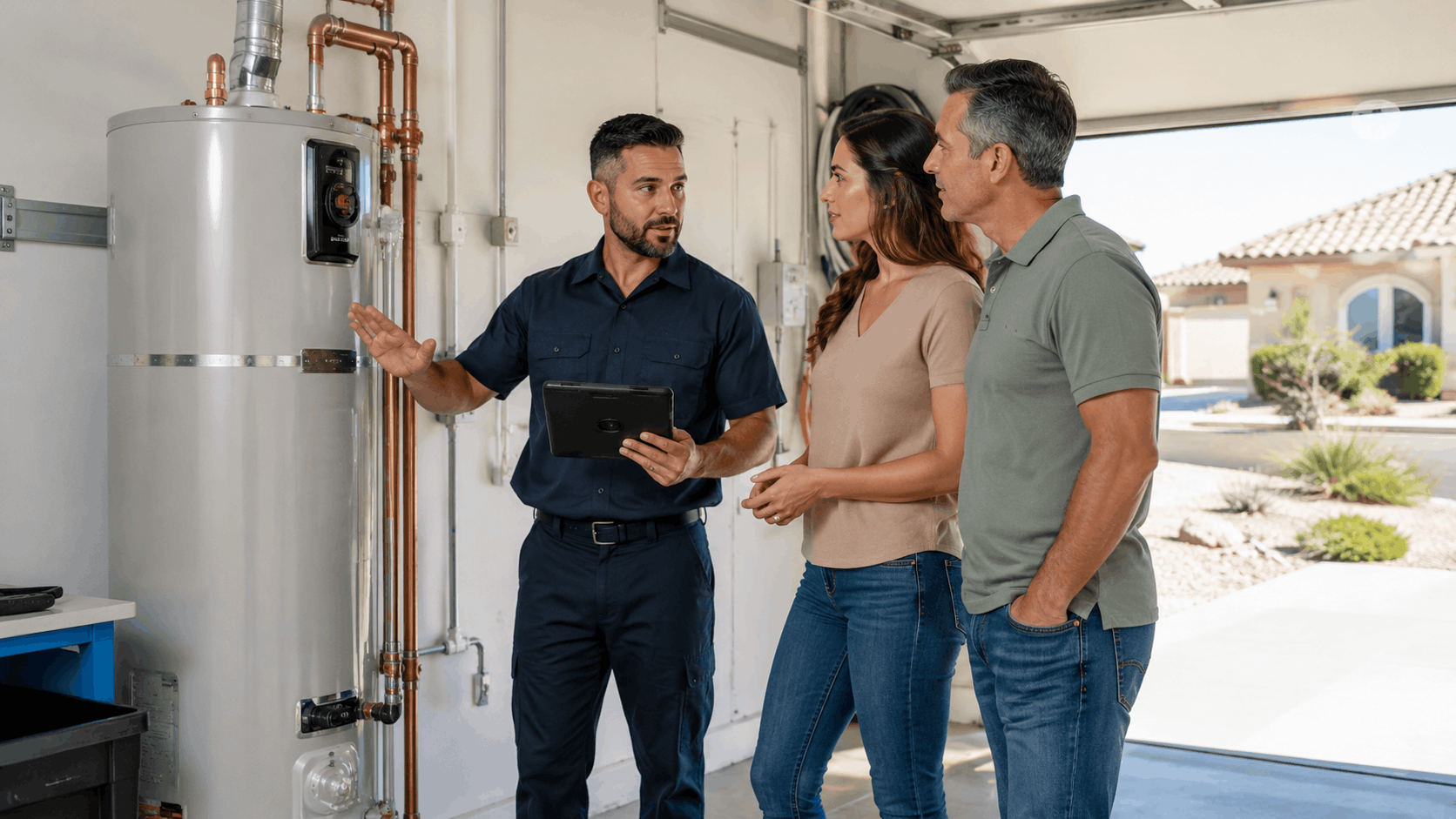 Plumber explaining water heater issues to homeowners in Summerlin Las Vegas garage