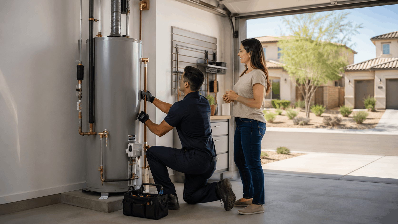 Plumber installing water heater in Summerlin garage while homeowner watches nearby