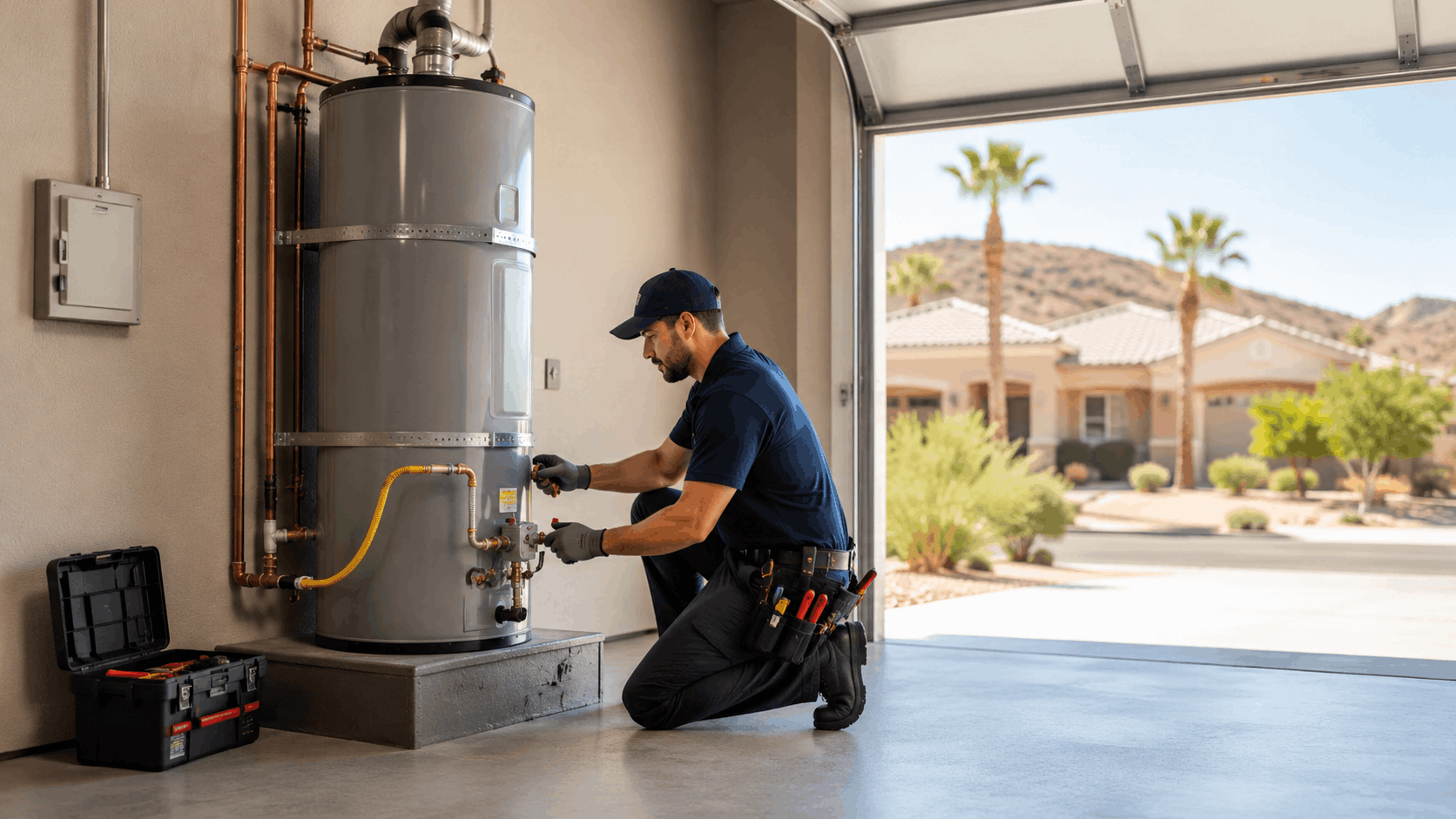 Plumber servicing gas water heater in Las Vegas garage with copper pipe connections