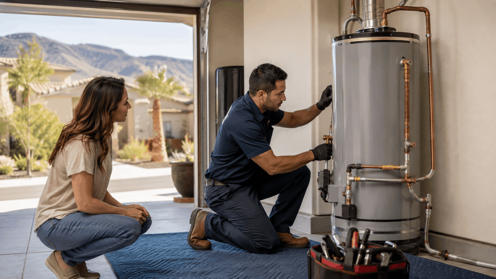 Plumber repairing water heater in Summerlin Las Vegas garage with homeowner watching
